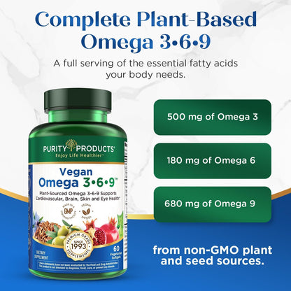 Purity Products Vegan Omega 3-6-9 – 5-in-1 Plant-Based Essential Fatty Acid Complex (60 Softgels)