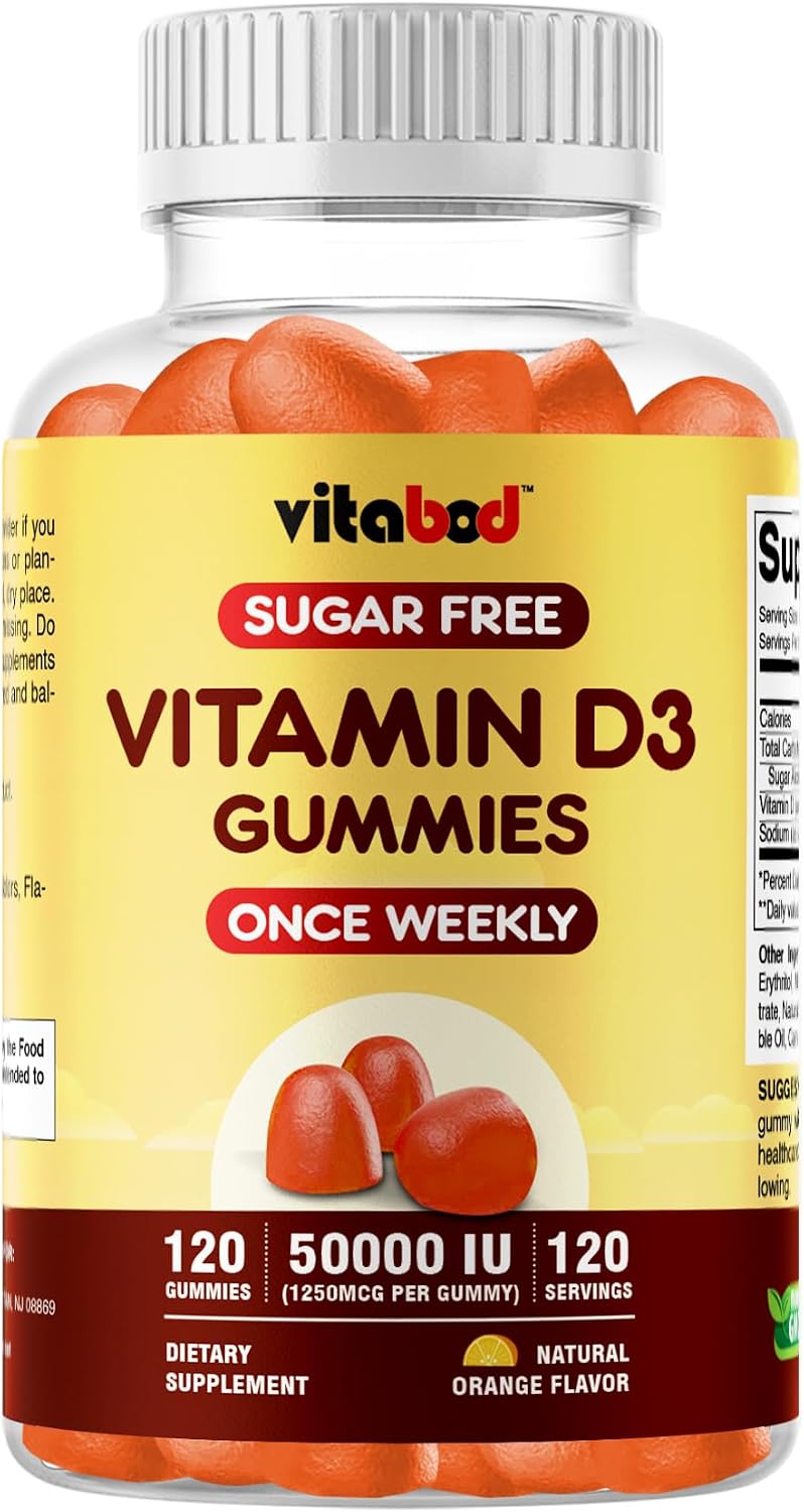 Vitabod Sugar-Free Vitamin D3 50,000 IU Weekly Gummies – Bone, Teeth, and Immune Support – Non-GMO, Easy-to-Chew – 120 Count - görsel 1