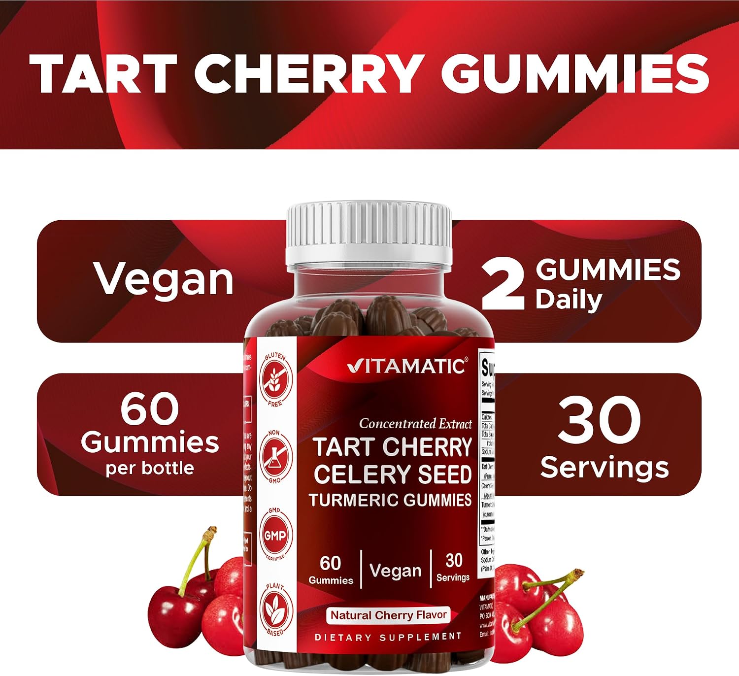 Vitamatic Tart Cherry Gummies with Celery Seed & Turmeric - 3-in-1 Formula, 60 Gummies (Pack of 2) - görsel 4