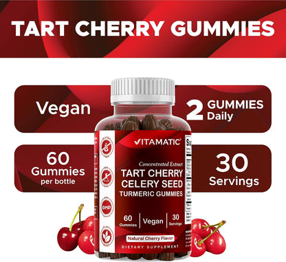 Vitamatic Tart Cherry Gummies with Celery Seed & Turmeric - 3-in-1 Formula, 60 Gummies (Pack of 2)
