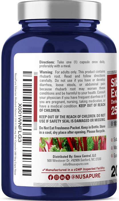 NusaPure Siberian Rhubarb, 250 mg, 200 Vegan Capsules (Non-GMO, Vegan)