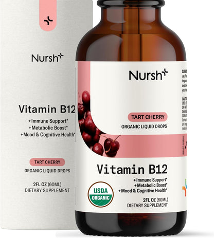 Nursh+ Boost Sublingual Vitamin B12 Liquid Drops – Extra Strength 5000 mcg Methylcobalamin, Fast Absorbing, USDA Certified Organic & Vegan, 60 ml