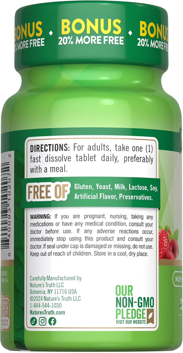 Nature's Truth Vitamin B12 6000 mcg – Methylcobalamin Fast Dissolve Tablets, Natural Berry Flavour (36 Count) - görsel 7