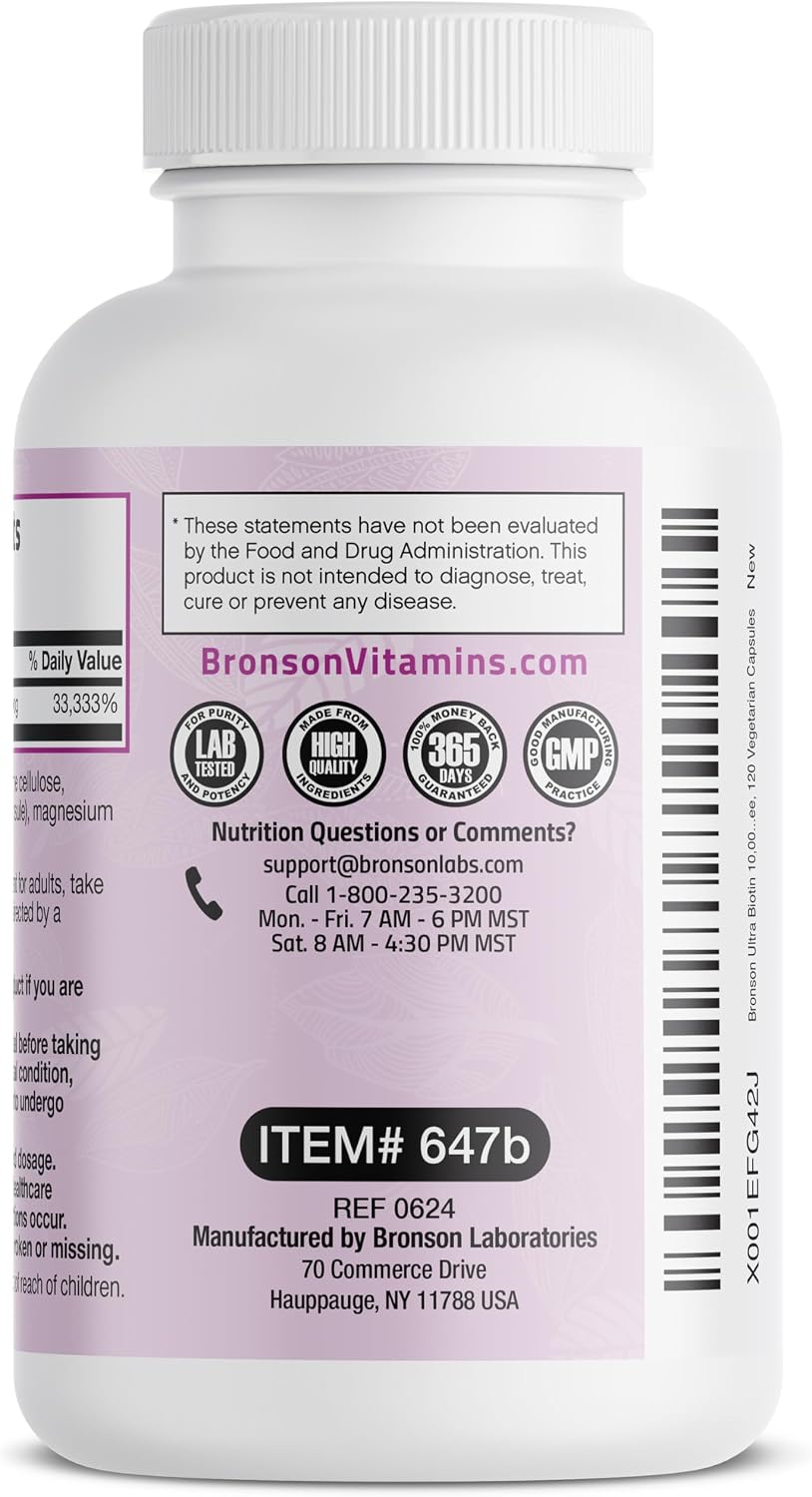 Bronson Ultra Biotin 10,000 mcg - Hair, Skin, and Nails Supplement, Non-GMO, 120 Vegetarian Capsules - görsel 7