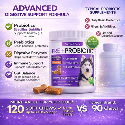 Freydell Pets Probiotics for Dogs – Digestive Enzymes, Prebiotics & Fibre Soft Chews – 120 Chews