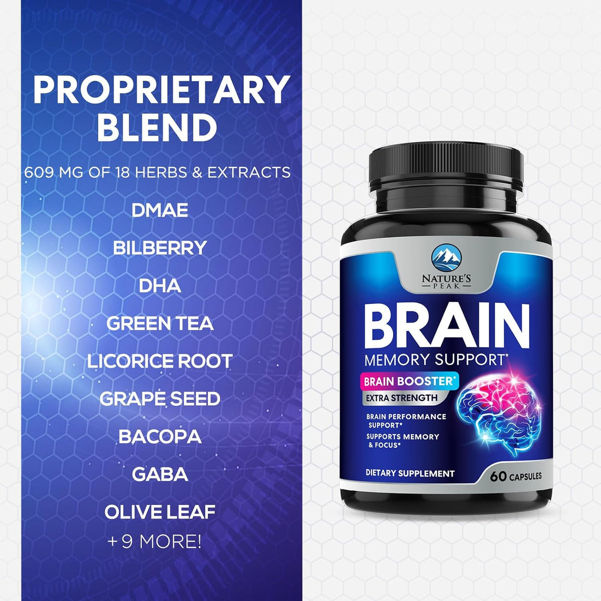 Nature's Peak Brain Memory Supplement – Nootropic Cognitive Support with Bacopa, Phosphatidylserine & DMAE, 60 Capsules - görsel 6