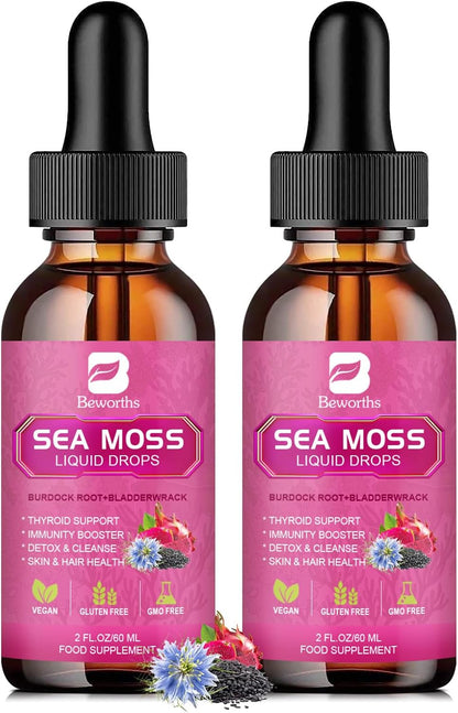 B BEWORTHS Sea Moss & Black Seed Oil Liquid Drops with Irish Sea Moss, Burdock Root, Bladderwrack, Elderberry, Spirulina - 120 ml, Vegan