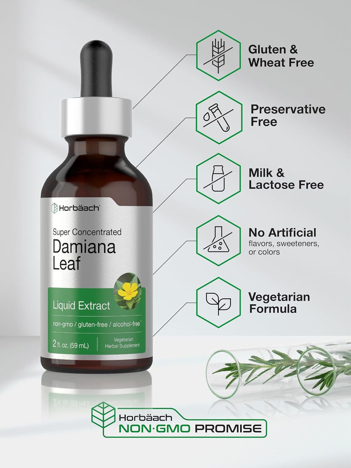 Horbäach Damiana Leaf Herb Tincture - 59 ml Super Concentrated Alcohol-Free Liquid Extract - Vegetarian, Non-GMO & Gluten-free - görsel 5