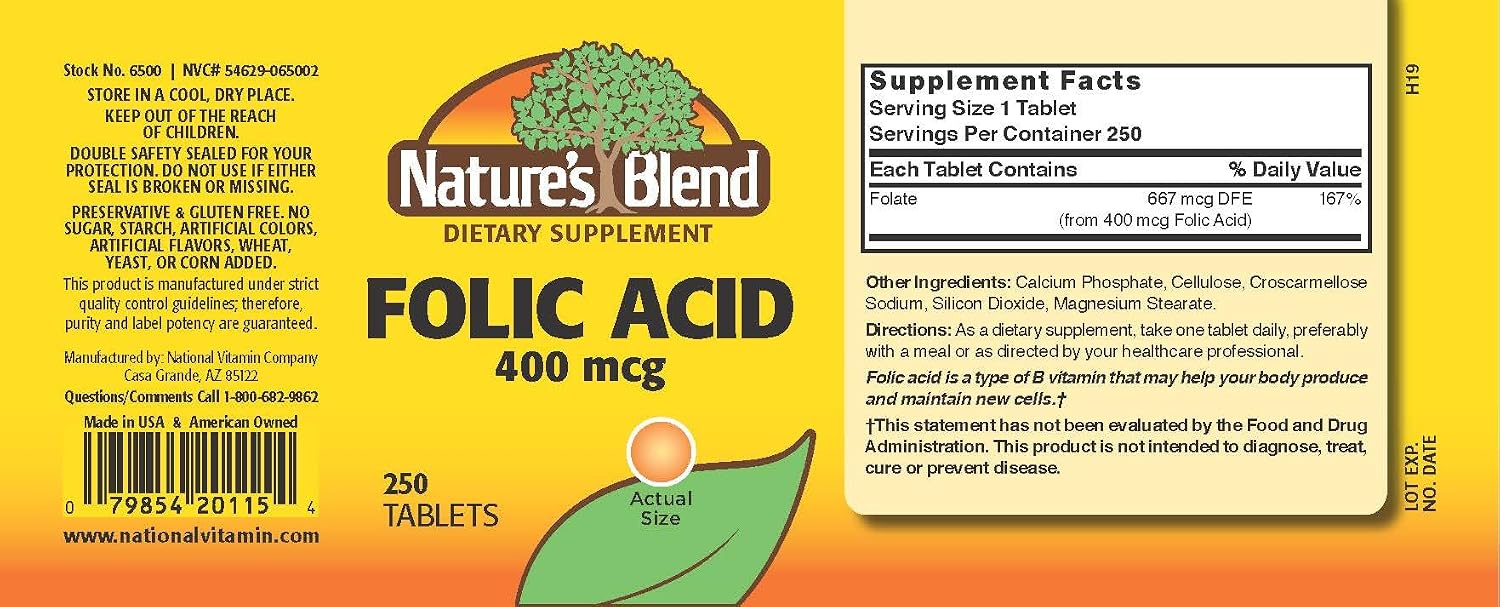 Nature's Blend Folic Acid 400 mcg, 250 Tablets - görsel 2