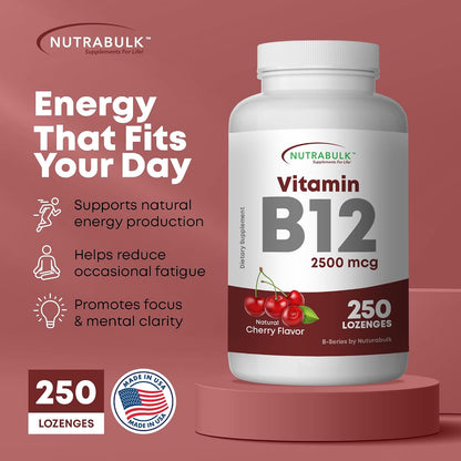 NutraBulk Vitamin B12 2500 mcg Quick Dissolve Lozenges - Cherry Flavoured B-12 Sublingual - B12 Vitamins Supplement (as Cyanocobalamin) for Energy Support & Red Blood Cell Formation - Made in USA (250 Count)