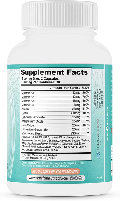TerraForm Nutrition Stressed Out – Mental Focus & Relaxation Supplement – 60 Capsules – Made in USA