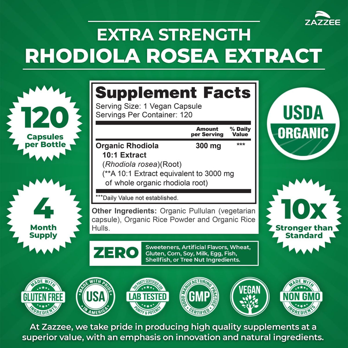 Zazzee USDA Organic Rhodiola 10:1 Extract - 120 Capsules (4-Month Supply) - görsel 3