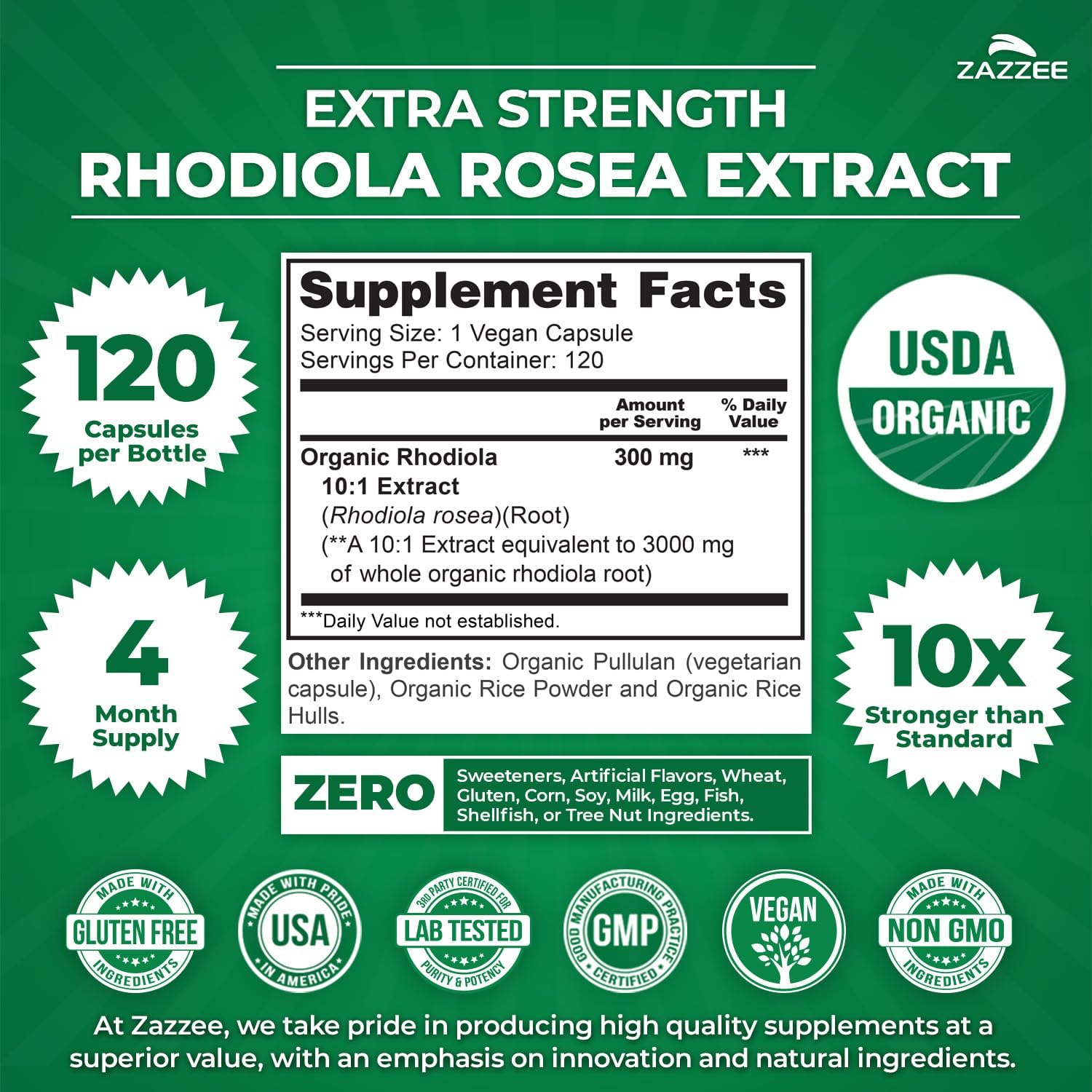 Zazzee USDA Organic Rhodiola 10:1 Extract - 120 Capsules (4-Month Supply) - görsel 3