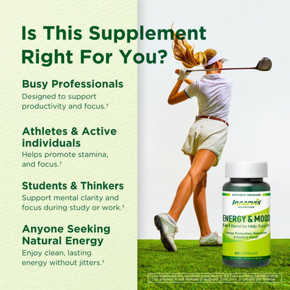 Caffeine-Free Natural Energy Boost with Ashwagandha, Maca & Magnesium – Support Stress Relief, Focus & Mood – 60 Capsules by Innervis Nutrition