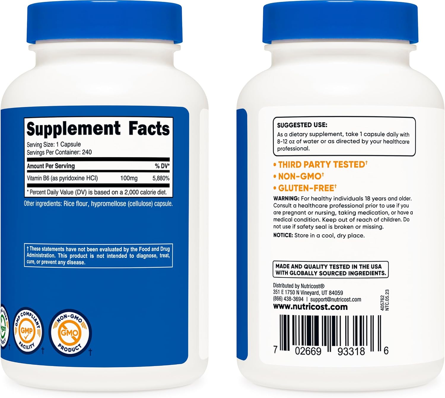 Nutricost Vitamin B6 (Pyridoxine HCl) 100mg, 240 Capsules (3 Bottles) - görsel 5