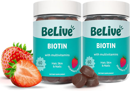 BeLive Biotin Gummies - Hair, Skin & Nails Vitamins with A, C, D, E, B12, Zinc, Folate and Inositol, Multivitamin Gummies - Strawberry (5-Pack)