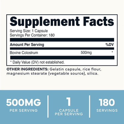 Type Zero Colostrum Supplement (500mg) 180 Capsules - Bovine Sourced, Non-GMO, Gluten-free