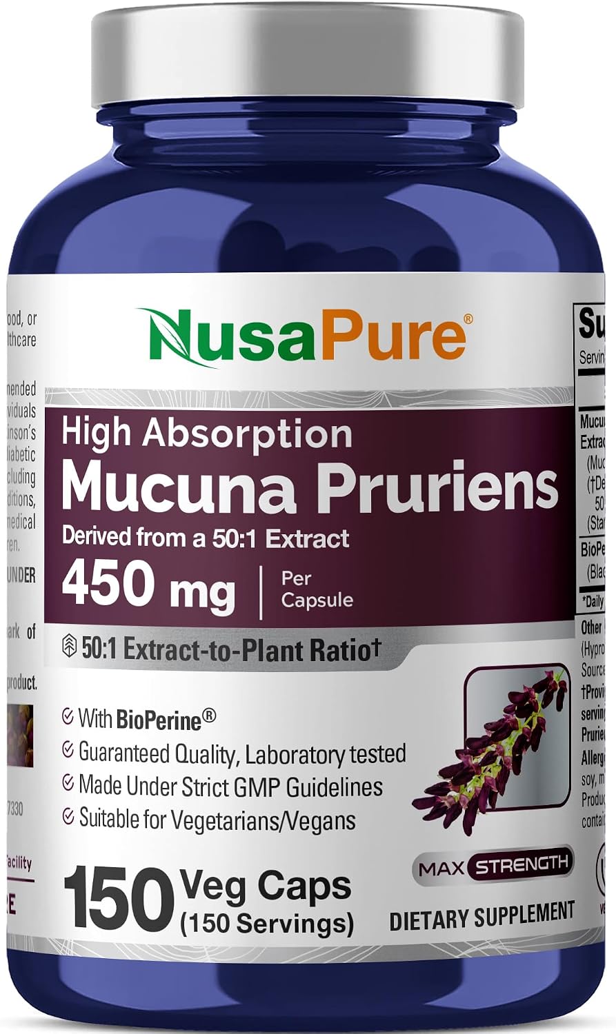 NusaPure Mucuna Pruriens Capsules, 450 mg, 150 Vegan Capsules (Gluten-free, Non-GMO) - görsel 1