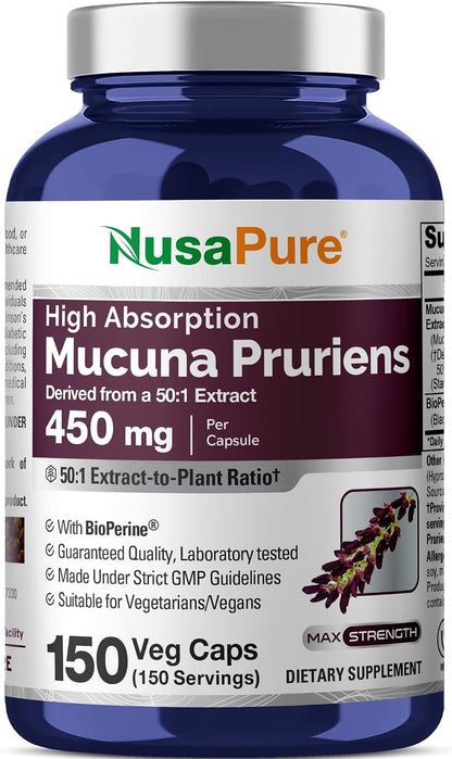 NusaPure Mucuna Pruriens Capsules, 450 mg, 150 Vegan Capsules (Gluten-free, Non-GMO)