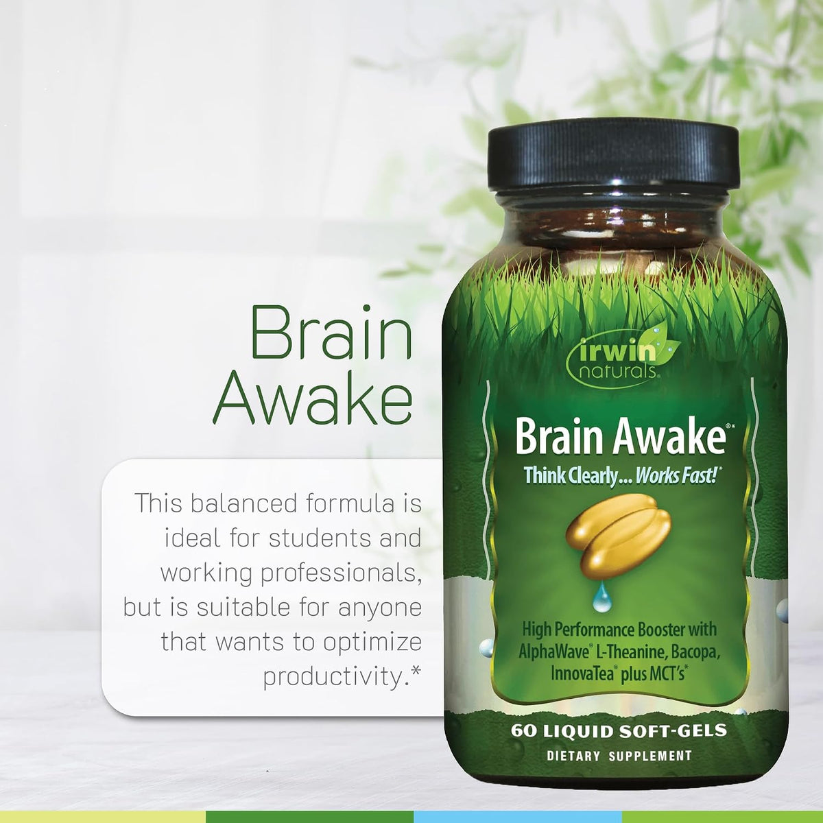 Irwin Naturals Brain Awake Focus & Concentration | Mental Clarity & Cognitive Performance Support | Bacopa + AlphaWave L-Theanine | 60 Liquid Soft-Gels - görsel 5