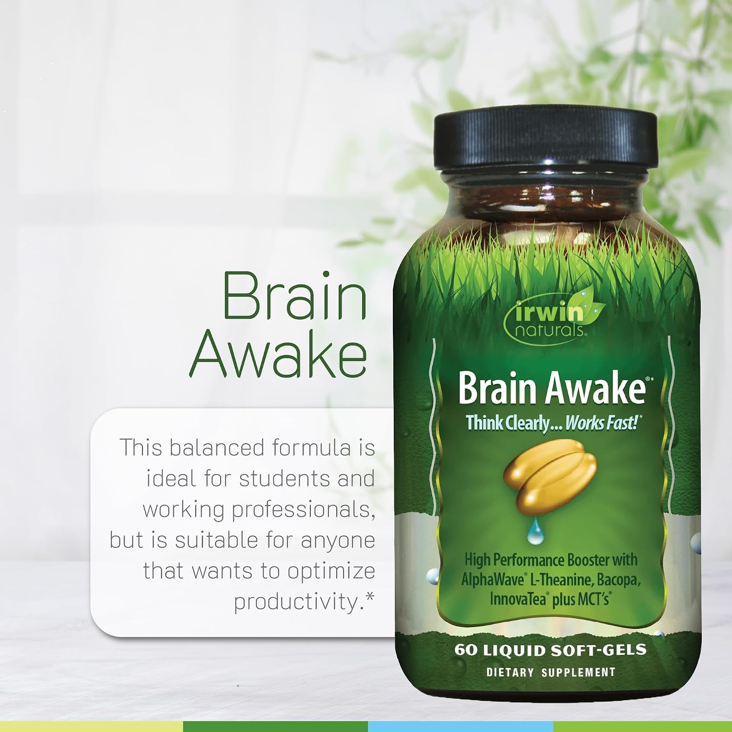 Irwin Naturals Brain Awake Focus & Concentration | Mental Clarity & Cognitive Performance Support | Bacopa + AlphaWave L-Theanine | 60 Liquid Soft-Gels - görsel 5