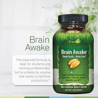 Irwin Naturals Brain Awake Focus & Concentration | Mental Clarity & Cognitive Performance Support | Bacopa + AlphaWave L-Theanine | 60 Liquid Soft-Gels