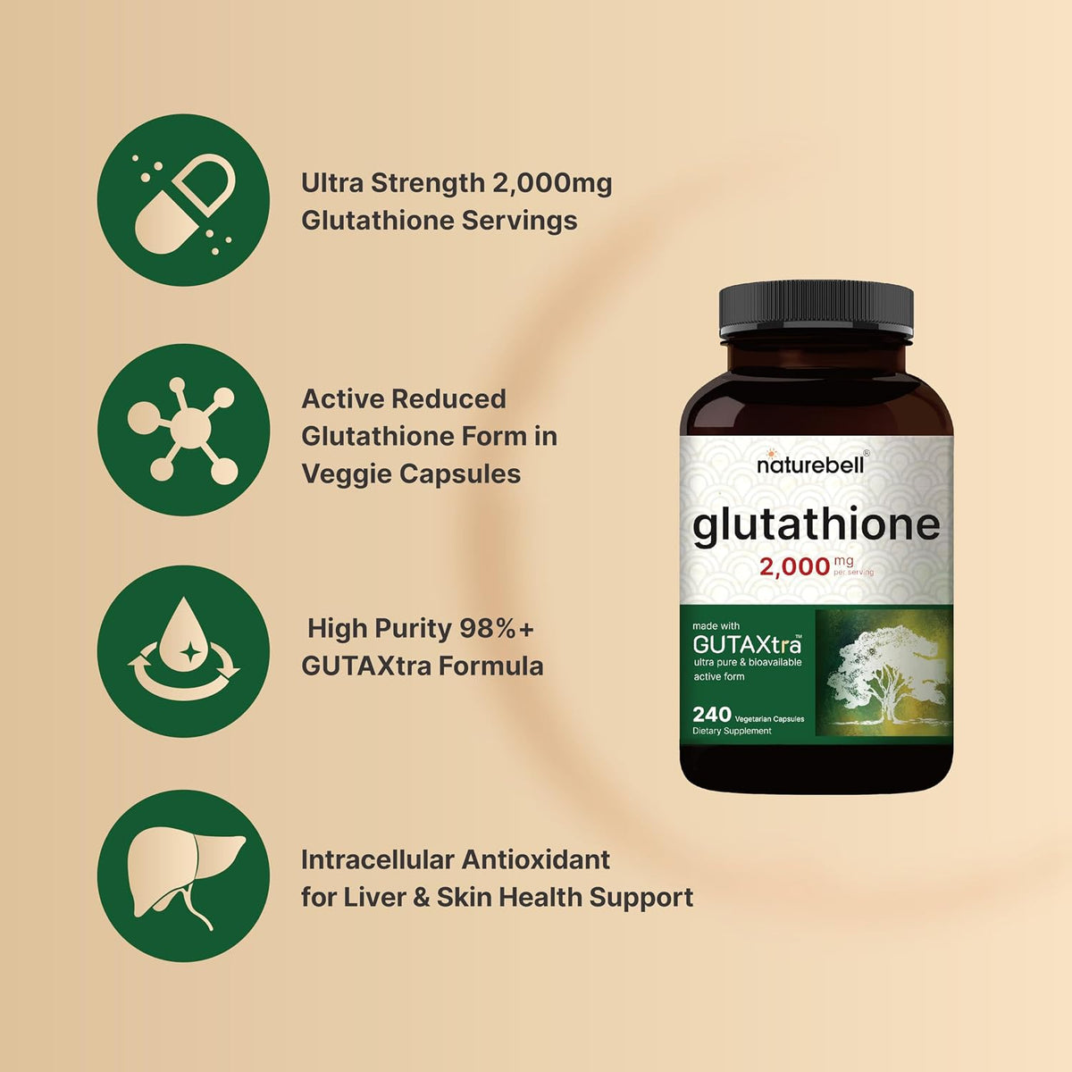NatureBell Glutathione Supplement 2,000mg Per Serving, 240 Veggie Capsules – Reduced Glutathione, Master Antioxidant, Vegan & Non-GMO - görsel 3