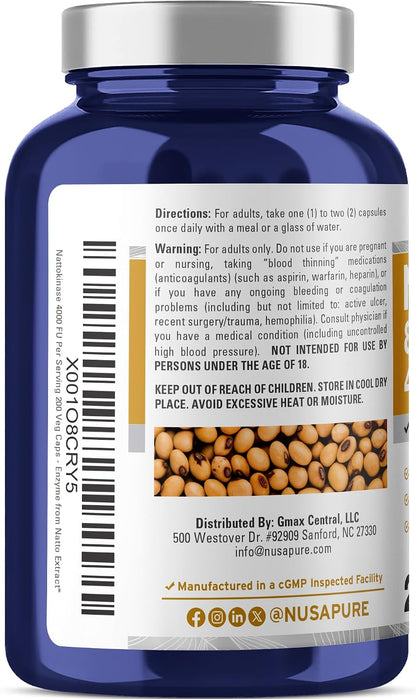 NusaPure Nattokinase 4000 FU 800mg, 200 Vegetable Capsules (Vegan, Non-GMO)
