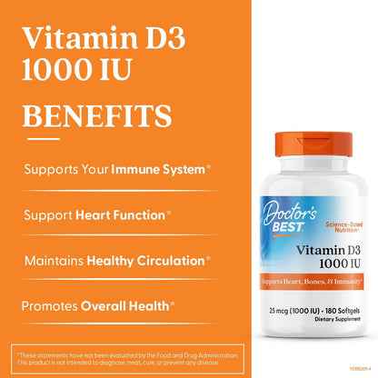 Doctor's Best Vitamin D3 1000 IU Softgel Capsules - Immune and Bone Health Support - 180 Capsules