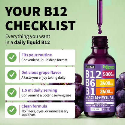 NUSAVA Vitamin B12 Liquid Drops 5000mcg with B6 & B1 - Sublingual Methylcobalamin B Complex, Vegan, Non-GMO, Grape Flavour (2 Pack)