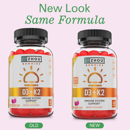 Zhou D3+K2 - Vitamin D3 K2 Supplement for Women and Men, Immune Support, Gelatine-free Gummy with 5000 IU D3 and MK-7 - 60 Veggie Gummies