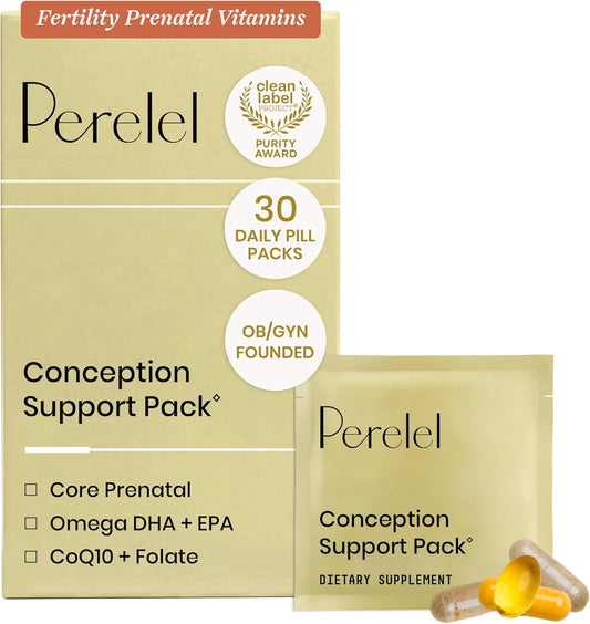 Perelel Conception Support Pack, Prenatal Multivitamin with DHA Omega 3, CoQ10 & Folate, Supports Fertility Wellness for Women, Soya & Gluten-free, Non GMO, 30 Daily Pill Packs
