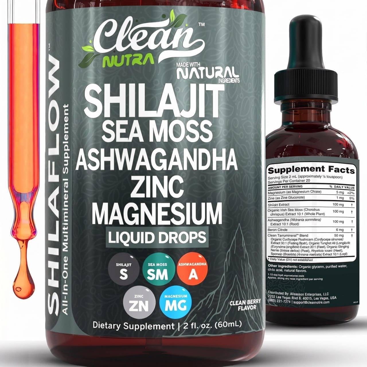 Clean Nutraceuticals Shilajit Drops Liquid - Himalayan Shilajit Supplement with Sea Moss, Ashwagandha, Zinc, Magnesium, Boron & Fulvic Acid for Energy and Vitality - 2oz (60ml) - görsel 1