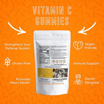 Smart for Life Vitamin C Gummies - Plant-Based Vegan Vitamin C Gummies Natural Orange Flavour - Immune Support Gummies for Adults and Kids - Non-GMO - Dietary Supplement - 60 Count