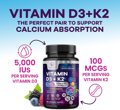 Vitamin D3 K2 5000 IU & 100 mcg MK-7 Berry Chew - 60 Chewable Tablets