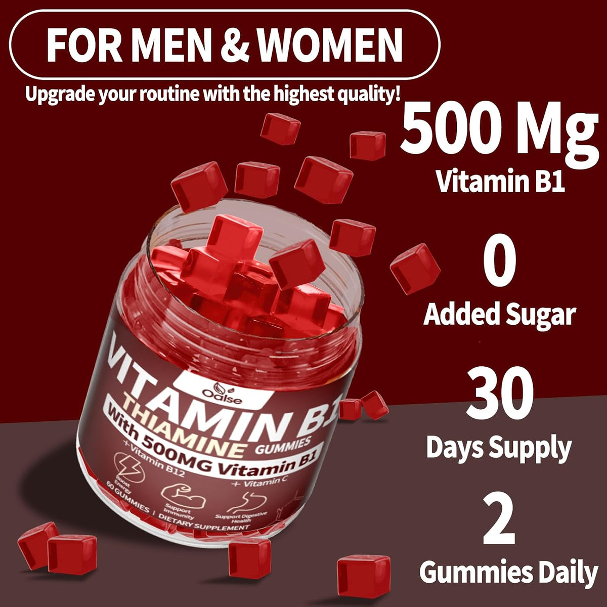 OALSE Thiamine Vitamin B1 Gummies - 500mg Vegan Sugar Free Supplement with Natural Mixed Berries Flavour (60 Counts) - görsel 4