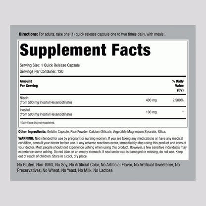 Lindberg Niacin 500mg Flush Free – Inositol Hexanicotinate, 120 Capsules