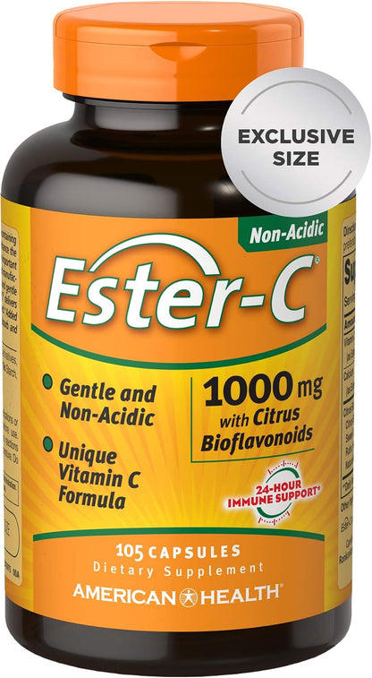 Ester-C American Health with Citrus Bioflavonoids Capsules – Daily Immune Support, Gentle on the Stomach, Non-Acidic Vitamin C – Non-GMO, Gluten-Free – 1000 mg, 90 Capsules