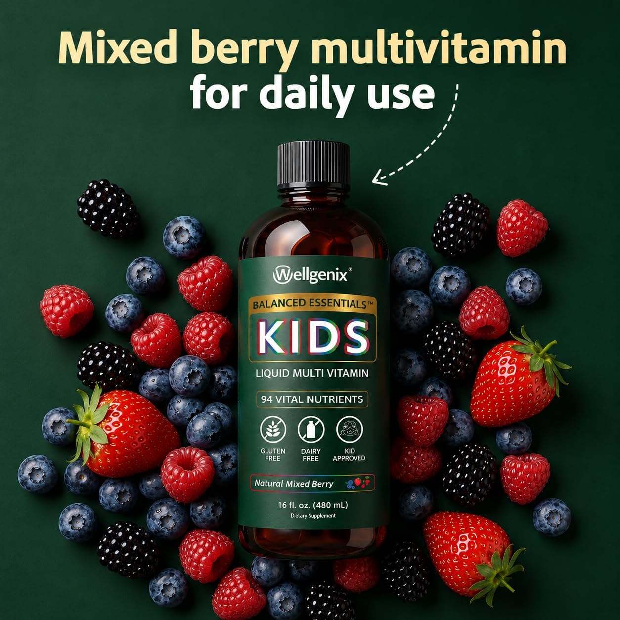Wellgenix Balanced Essentials Kids Liquid Multivitamin - 94 Nutrients, Berry Flavour, 473ml - görsel 4
