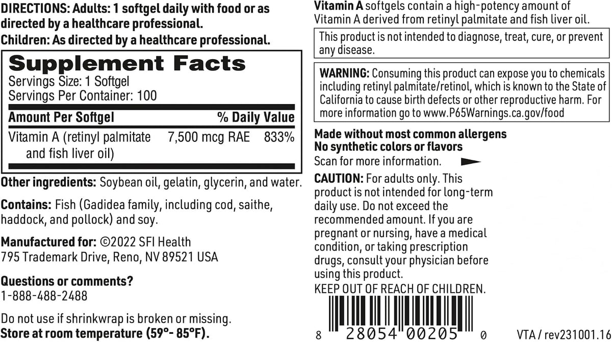Klaire Labs SFI Health Vitamin A - High Potency 25000 IU (7,500 mcg RAE) from Fish Liver Oil, Preformed Retinol Form, 100 Softgels - görsel 5