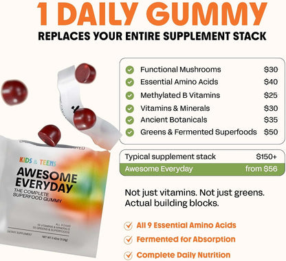 Awesome Everyday Essential Daily Nutrition Gummies - 9 Essential Amino Acids + Vitamins, Minerals & Organic Greens and Superfoods - Fermented Nutrition for Energy, Brain & Immunity – Children – 28 Count