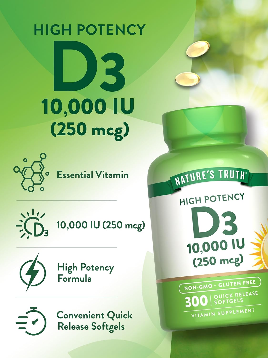 Nature's Truth Vitamin D3 10000 IU Softgels, 300 Count - Extra Strength, Non-GMO & Gluten-free - görsel 5