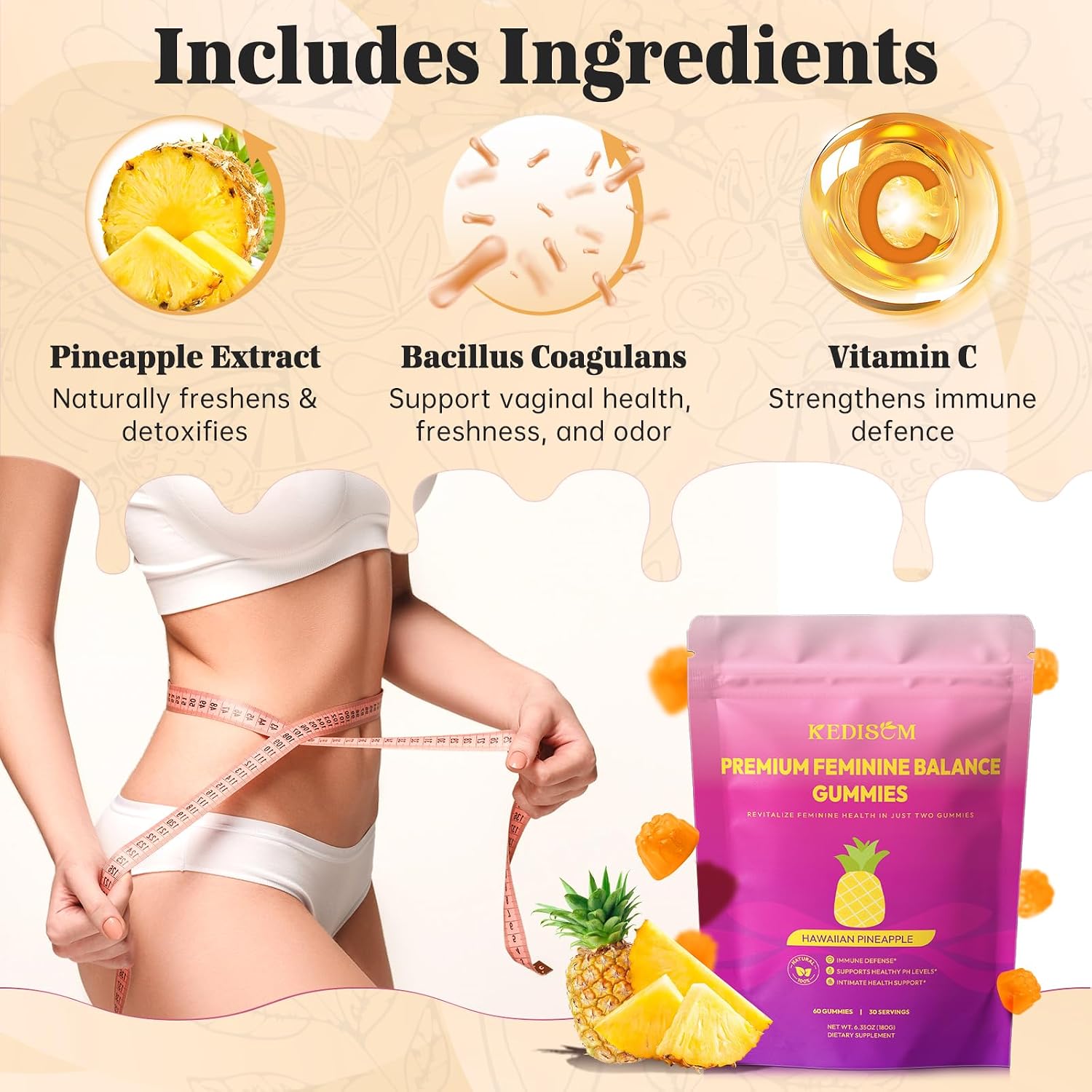 KEDISOM Premium Feminine Balance Gummies – Women's Health & Wellbeing – Hawaiian Pineapple (60 Gummies) - görsel 6