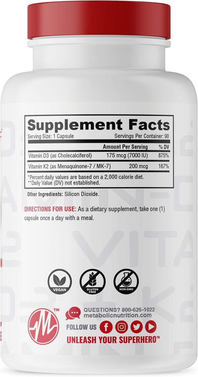 Metabolic Nutrition Vitamin D3 + K2, Bone and Heart Health Formula, Immune Support, 90 Veggie Caps 7000 IU per Capsule Max Dose - görsel 2
