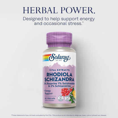 SOLARAY Rhodiola Schizandra - Rhodiola Rosea Extract - Energy Support and Occasional Stress Relief Food Supplement - Vegan, Lab Verified, 60-Day Guarantee - 60 Servings, 60 VegCaps