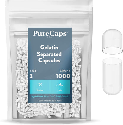 PureCaps USA - Empty Gelatine Capsules Size 3 | 2,000 Capsules | Clear | Non-GMO Certified | SLS, Gluten, Preservative Free