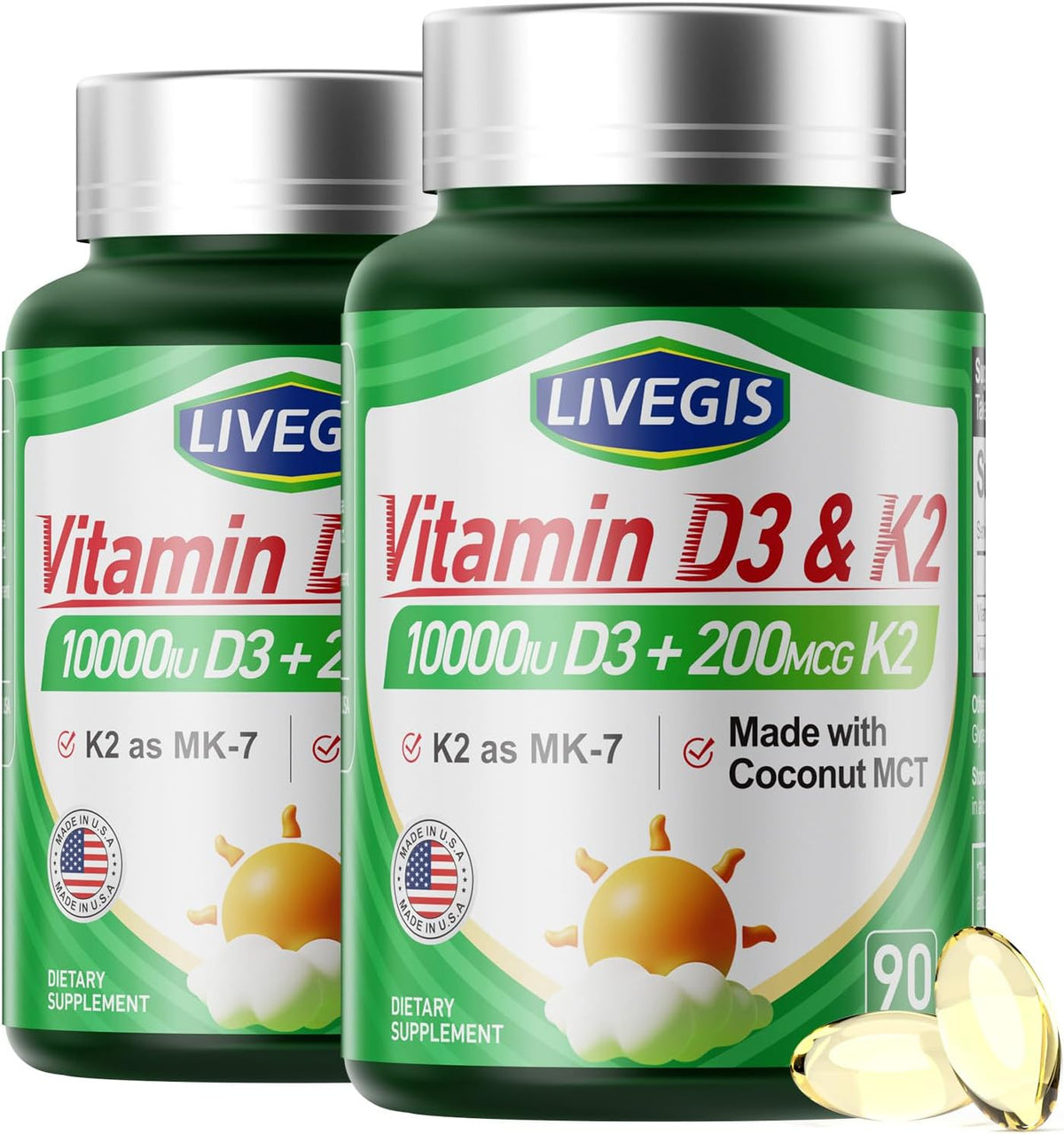 LIVEGIS Vitamin D3 K2 10000 IU with 200 mcg MK-7 Soft gel capsules - 2 Pack (180 Soft gel capsules) - görsel 1