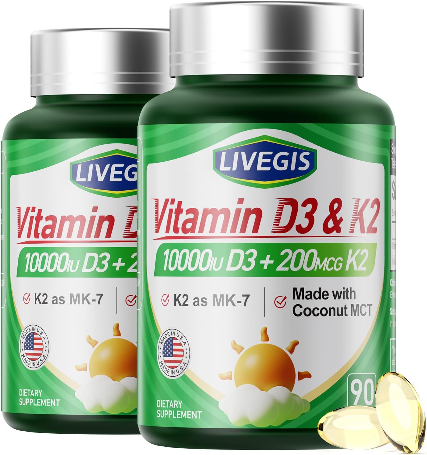 LIVEGIS Vitamin D3 K2 10000 IU with 200 mcg MK-7 Soft gel capsules - 2 Pack (180 Soft gel capsules) - görsel 1