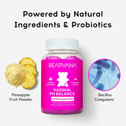 BEARVANA Vaginal pH Support & Probiotic Gummies for Women | Feminine Wellness & Intimate Care Supplement with Vitamin C | Pineapple Flavour | 60 Gummies