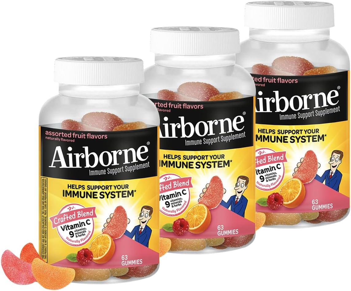 Airborne 750mg Vitamin C Immune Support Gummies, Assorted Fruit Flavour, 63 Gummies (Pack of 3) - görsel 1